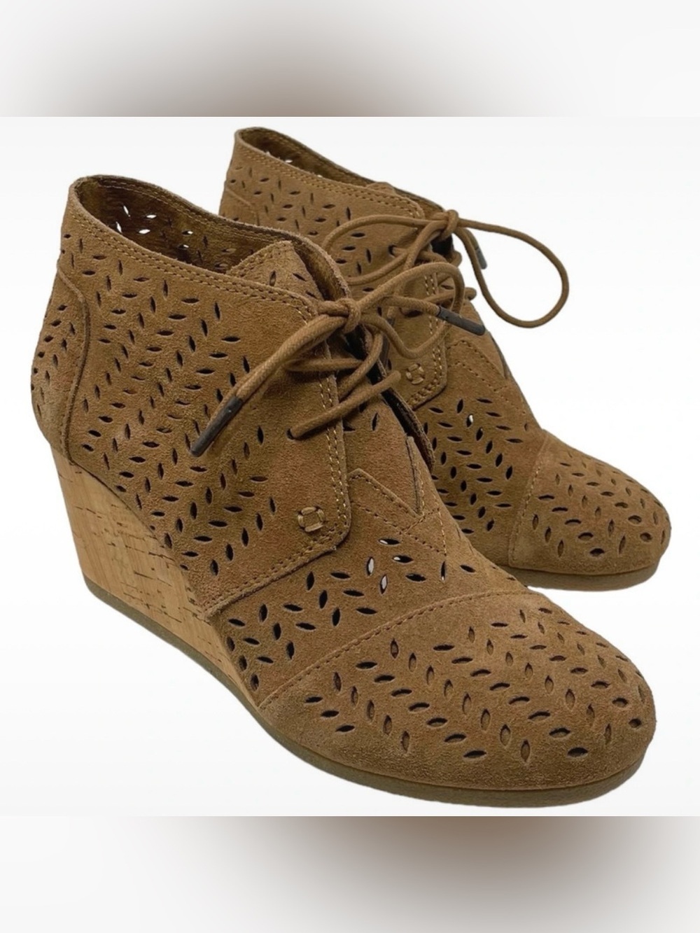Toms Women’s Size 8 Suede Cork Wedge Ankle Boots Perforated Lace Up Toffee Brown